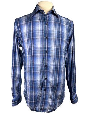 Robert Graham Shirt Mens Small Blue Paisley Plaid Flip Cuff Classic 100% Cotton